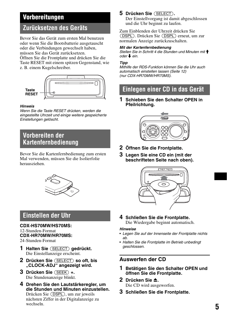 Vorbereitungen, Zurücksetzen des geräts, Vorbereiten der kartenfernbedienung | Einstellen der uhr, Einlegen einer cd in das gerät, Auswerfen der cd, Vorbereitungen zurücksetzen des geräts | Sony CDX-HS70MW User Manual | Page 69 / 132