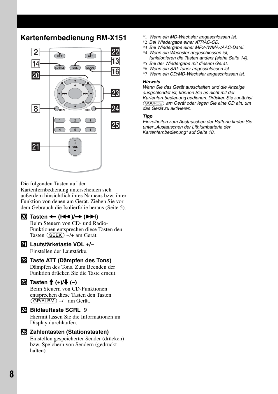 Kartenfernbedienung rm-x151 | Sony CDX-HS70MW User Manual | Page 72 / 132