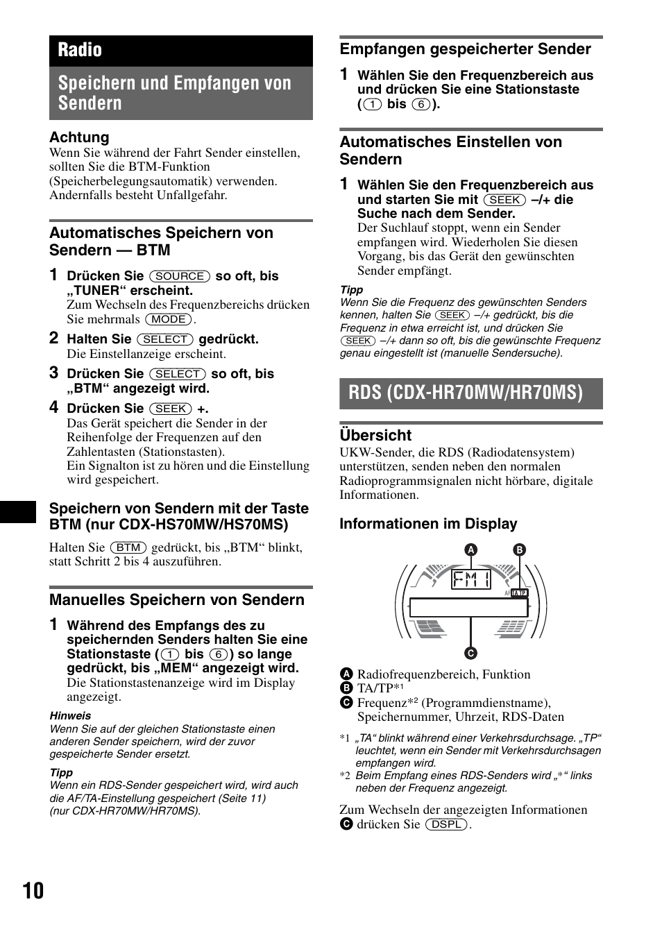 Radio, Speichern und empfangen von sendern, Automatisches speichern von sendern - btm | Manuelles speichern von sendern, Empfangen gespeicherter sender, Automatisches einstellen von sendern, Rds (cdx-hr70mw/hr70ms), Übersicht, Radio speichern und empfangen von sendern | Sony CDX-HS70MW User Manual | Page 74 / 132