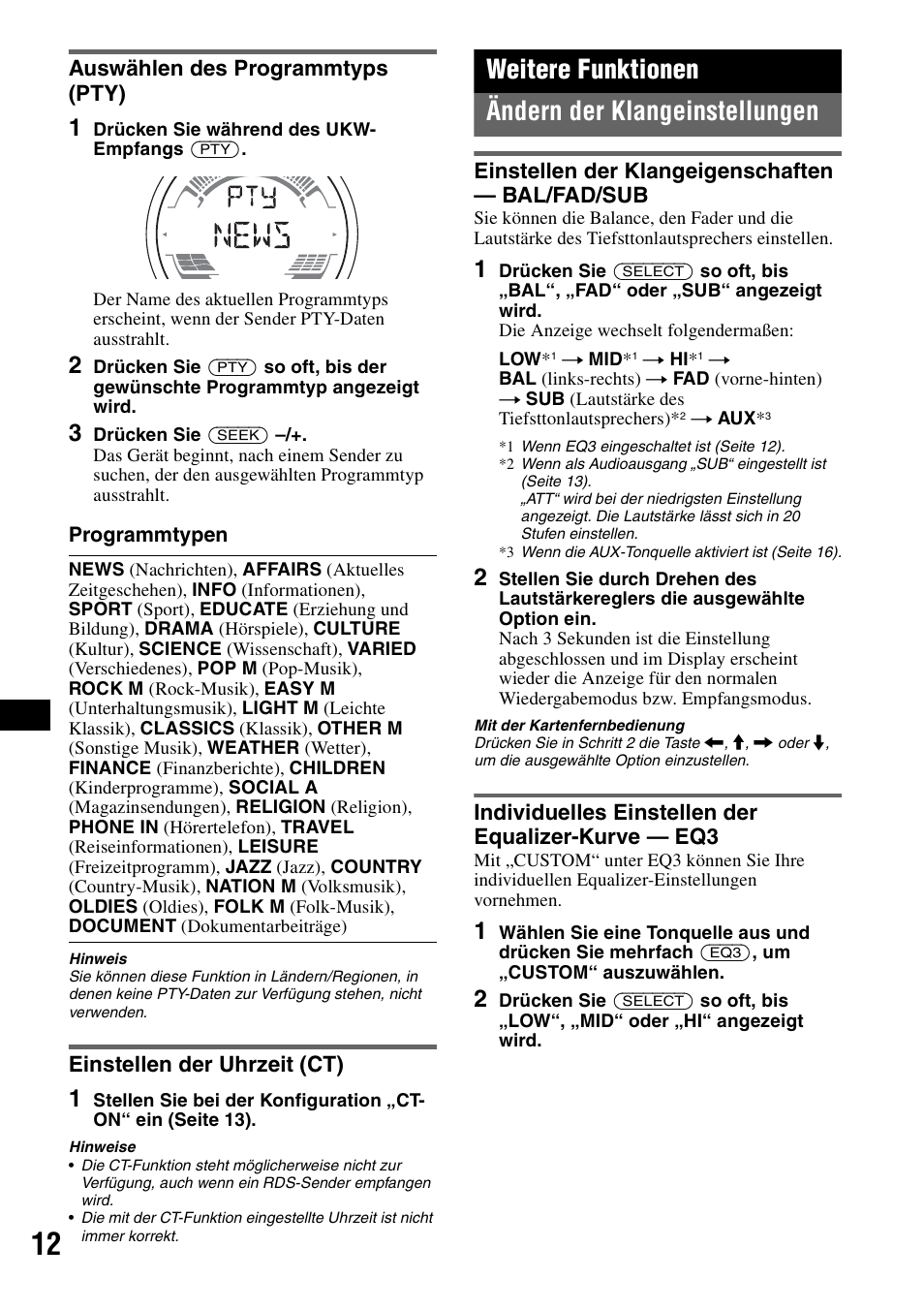 Auswählen des programmtyps (pty), Einstellen der uhrzeit (ct), Weitere funktionen | Ändern der klangeinstellungen, Einstellen der klangeigenschaften - bal/fad/sub, Individuelles einstellen der equalizer-kurve - eq3, Weitere funktionen ändern der klangeinstellungen | Sony CDX-HS70MW User Manual | Page 76 / 132