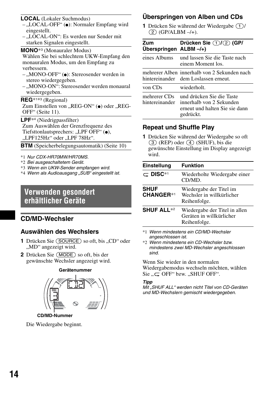 Verwenden gesondert erhältlicher geräte, Cd/md-wechsler, He seite 14) | F seite 14 | Sony CDX-HS70MW User Manual | Page 78 / 132