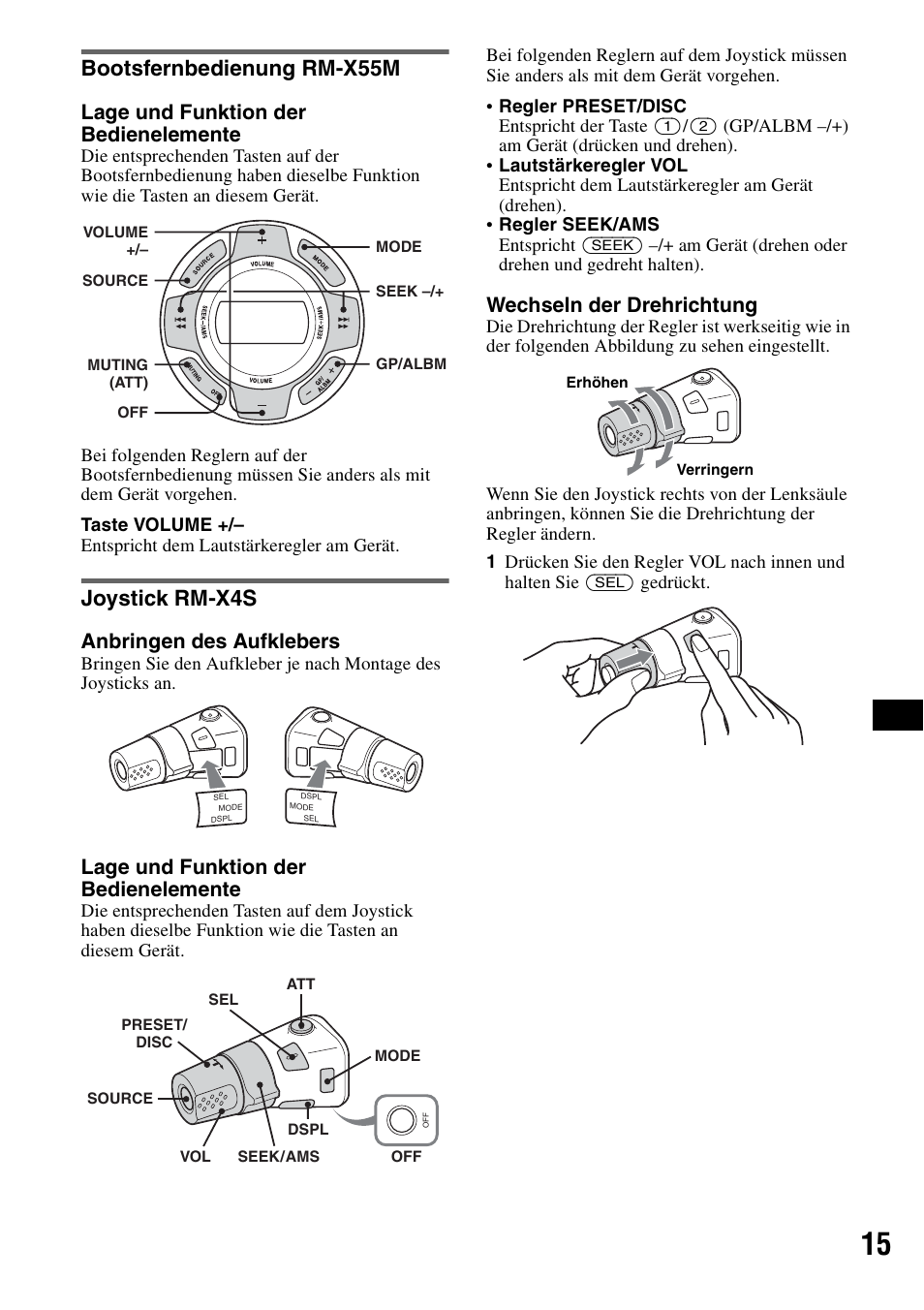 Bootsfernbedienung rm-x55m, Joystick rm-x4s, Bootsfernbedienung rm-x55m joystick rm-x4s | Lage und funktion der bedienelemente, Anbringen des aufklebers, Wechseln der drehrichtung | Sony CDX-HS70MW User Manual | Page 79 / 132