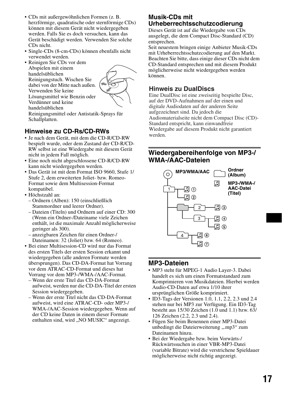 Wiedergabereihenfolge von mp3-/ wma-/aac-dateien, Mp3-dateien, Seite 17 | Sony CDX-HS70MW User Manual | Page 81 / 132