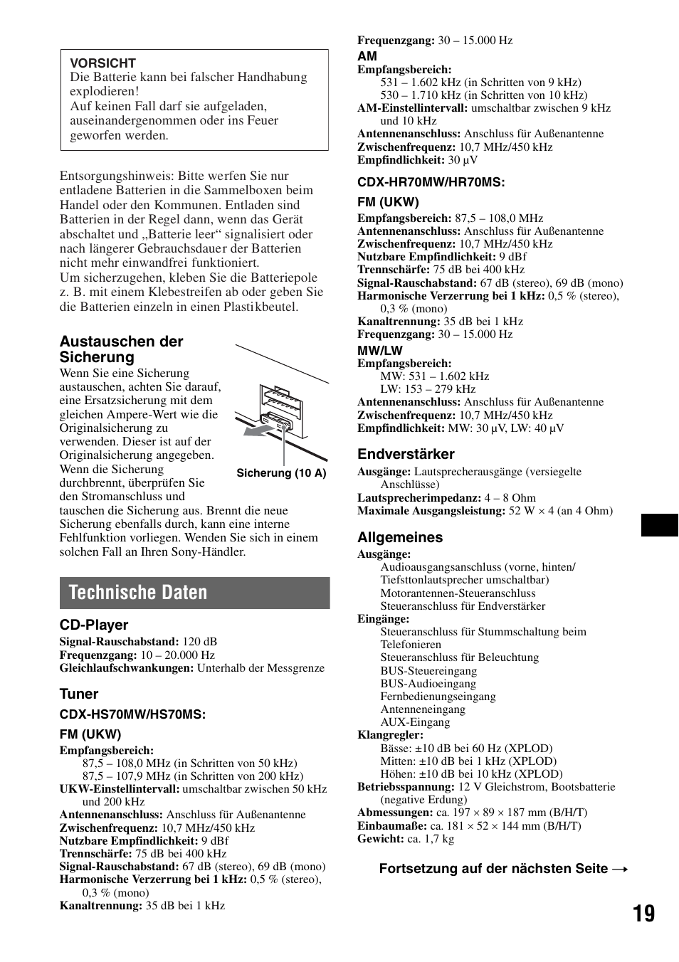 Technische daten, Austauschen der sicherung | Sony CDX-HS70MW User Manual | Page 83 / 132