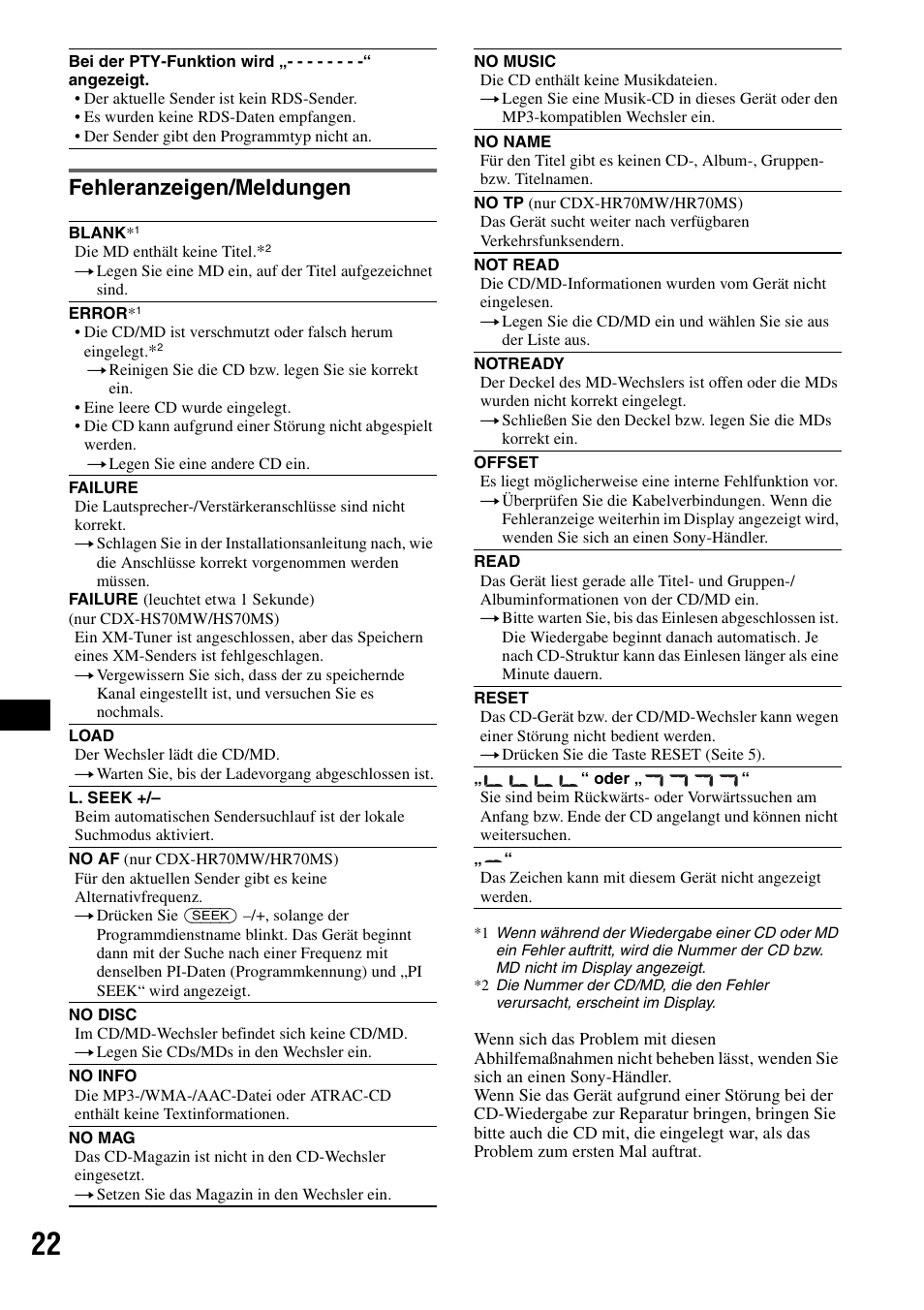 Fehleranzeigen/meldungen | Sony CDX-HS70MW User Manual | Page 86 / 132
