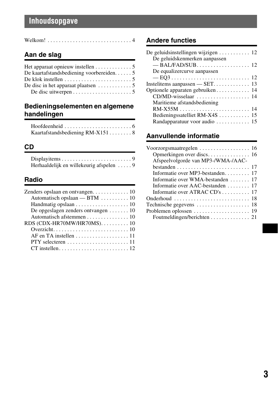 Inhoudsopgave | Sony CDX-HS70MW User Manual | Page 89 / 132