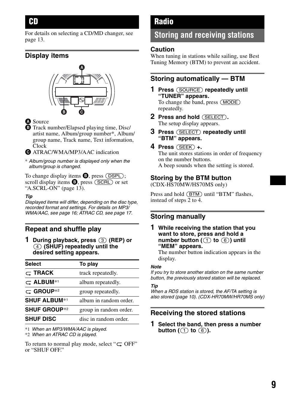 Display items, Repeat and shuffle play, Radio | Storing and receiving stations, Storing automatically - btm, Storing manually, Receiving the stored stations, Display items repeat and shuffle play, Ep 9, On 9 | Sony CDX-HS70MW User Manual | Page 9 / 132