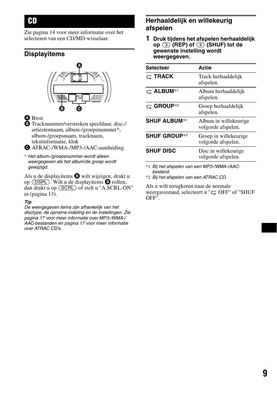Displayitems, Herhaaldelijk en willekeurig afspelen, Displayitems herhaaldelijk en willekeurig afspelen | Ep 9 | Sony CDX-HS70MW User Manual | Page 95 / 132