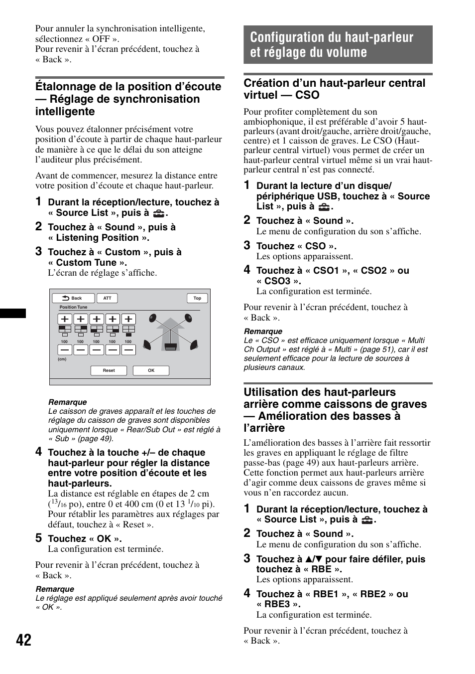 Configuration du haut-parleur et réglage du volume, Création d’un haut-parleur central virtuel - cso, Création d’un haut-parleur central virtuel — cso | Sony XAV-63 User Manual | Page 106 / 200