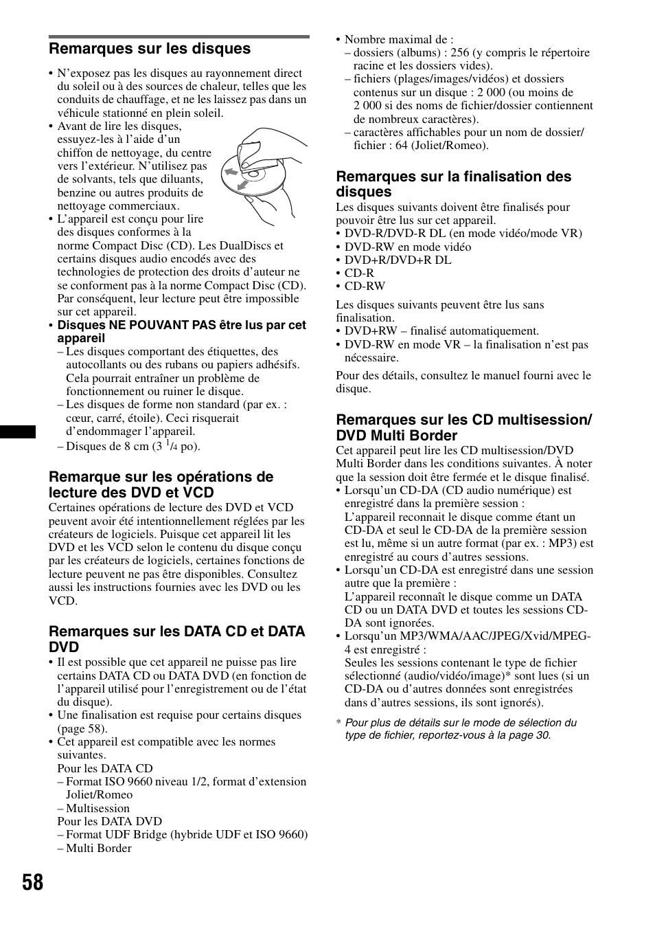 Remarques sur les disques, Remarques sur les data cd et data dvd, Remarques sur la finalisation des disques | Sony XAV-63 User Manual | Page 122 / 200