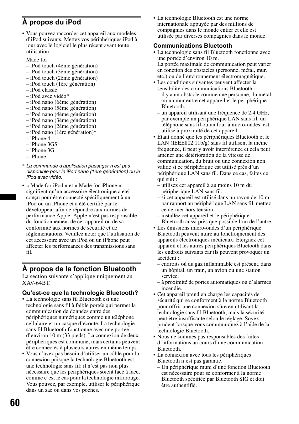 À propos du ipod, À propos de la fonction bluetooth, À propos du ipod à propos de la fonction bluetooth | Sony XAV-63 User Manual | Page 124 / 200