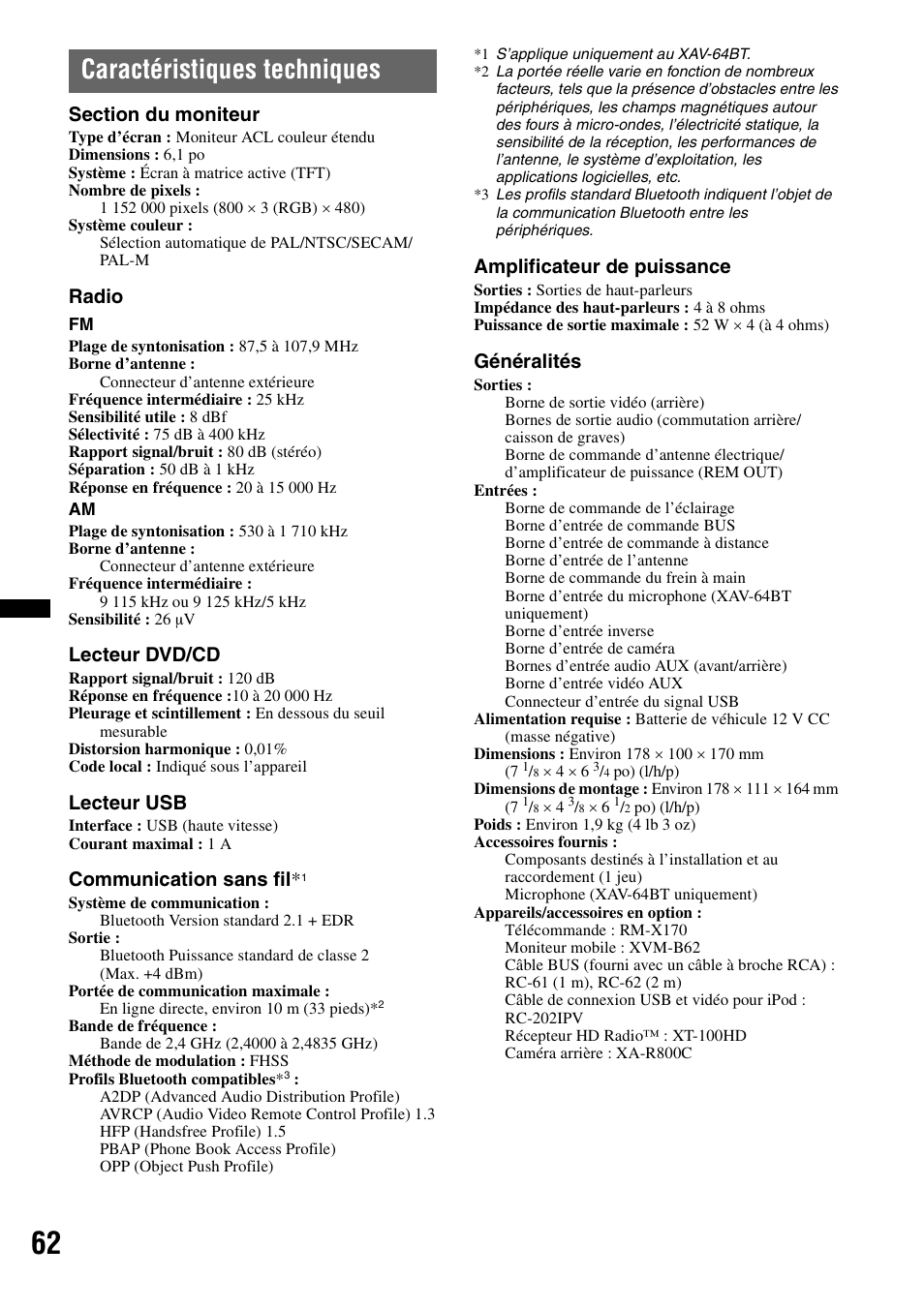 Caractéristiques techniques, Radio, Lecteur dvd/cd | Lecteur usb, Communication sans fil, Amplificateur de puissance, Généralités | Sony XAV-63 User Manual | Page 126 / 200