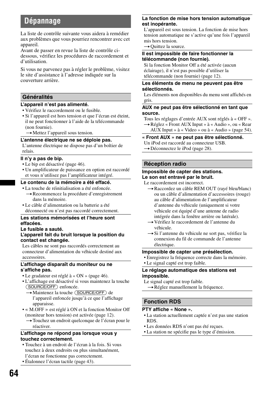 Dépannage | Sony XAV-63 User Manual | Page 128 / 200