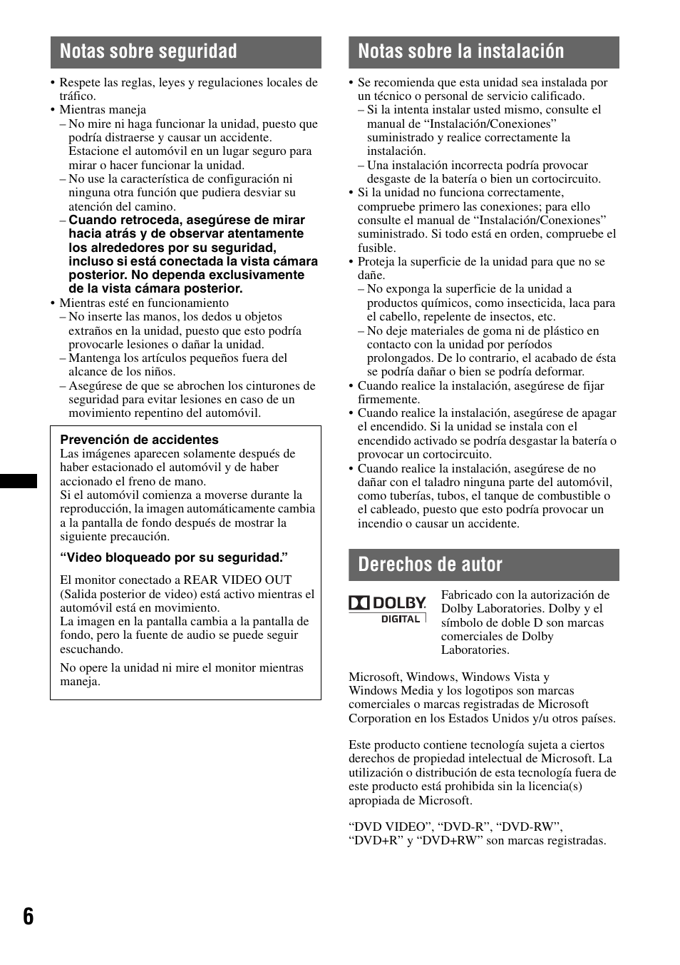 Notas sobre seguridad, Notas sobre la instalación, Derechos de autor | Sony XAV-63 User Manual | Page 138 / 200