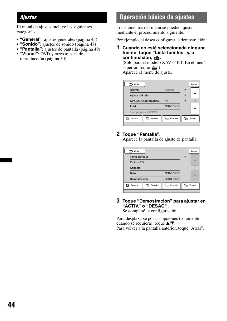 Ajustes, Operación básica de ajustes | Sony XAV-63 User Manual | Page 176 / 200