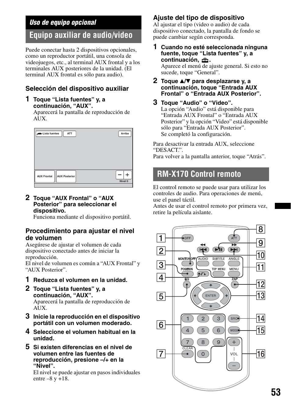 Uso de equipo opcional, Equipo auxiliar de audio/video, Rm-x170 control remoto | Sony XAV-63 User Manual | Page 185 / 200