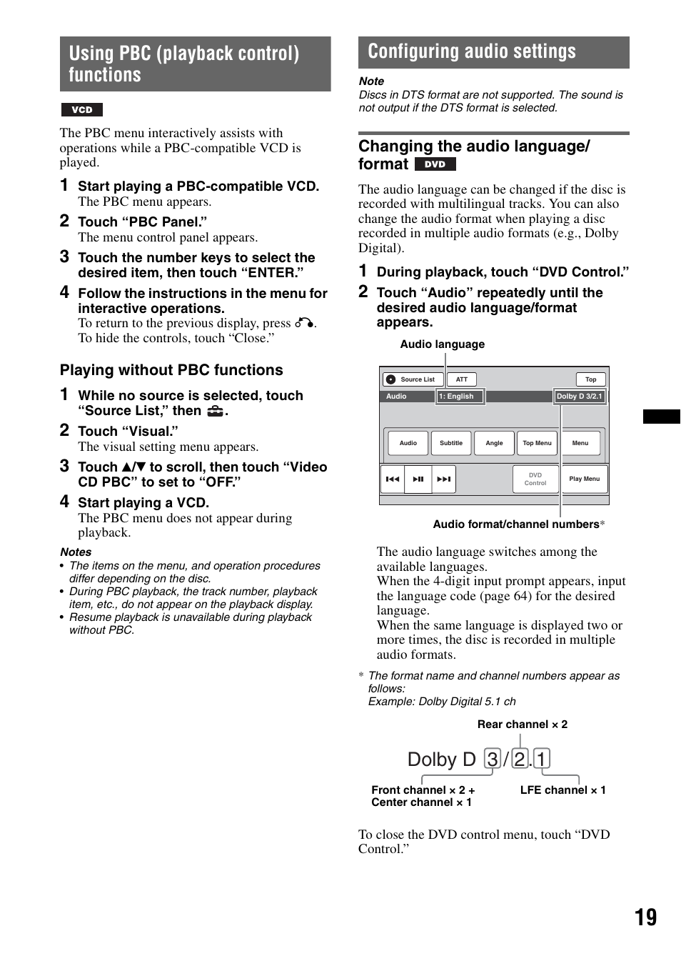 Using pbc (playback control) functions, Configuring audio settings, Changing the audio language/ format | Changing the audio language/format, Dolby d 3 / 2, Playing without pbc functions | Sony XAV-63 User Manual | Page 19 / 200