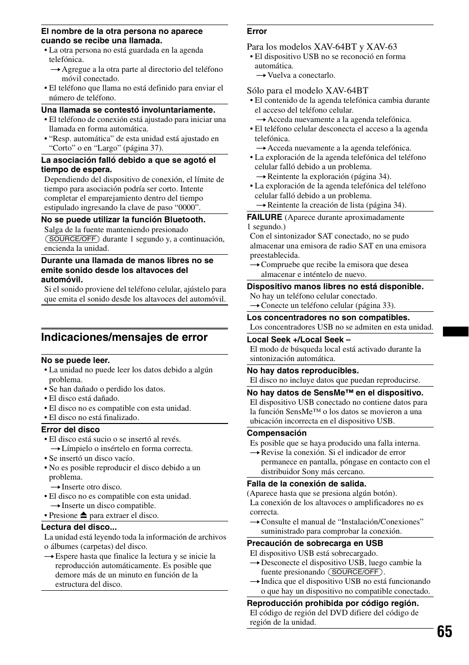 Indicaciones/mensajes de error | Sony XAV-63 User Manual | Page 197 / 200