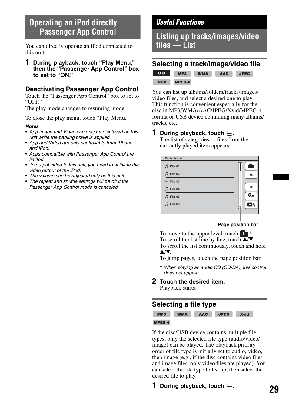 Operating an ipod directly - passenger app control, Useful functions, Listing up tracks/images/video files - list | Selecting a track/image/video file, Selecting a file type, Operating an ipod directly — passenger app control, Listing up tracks/images/video files — list | Sony XAV-63 User Manual | Page 29 / 200