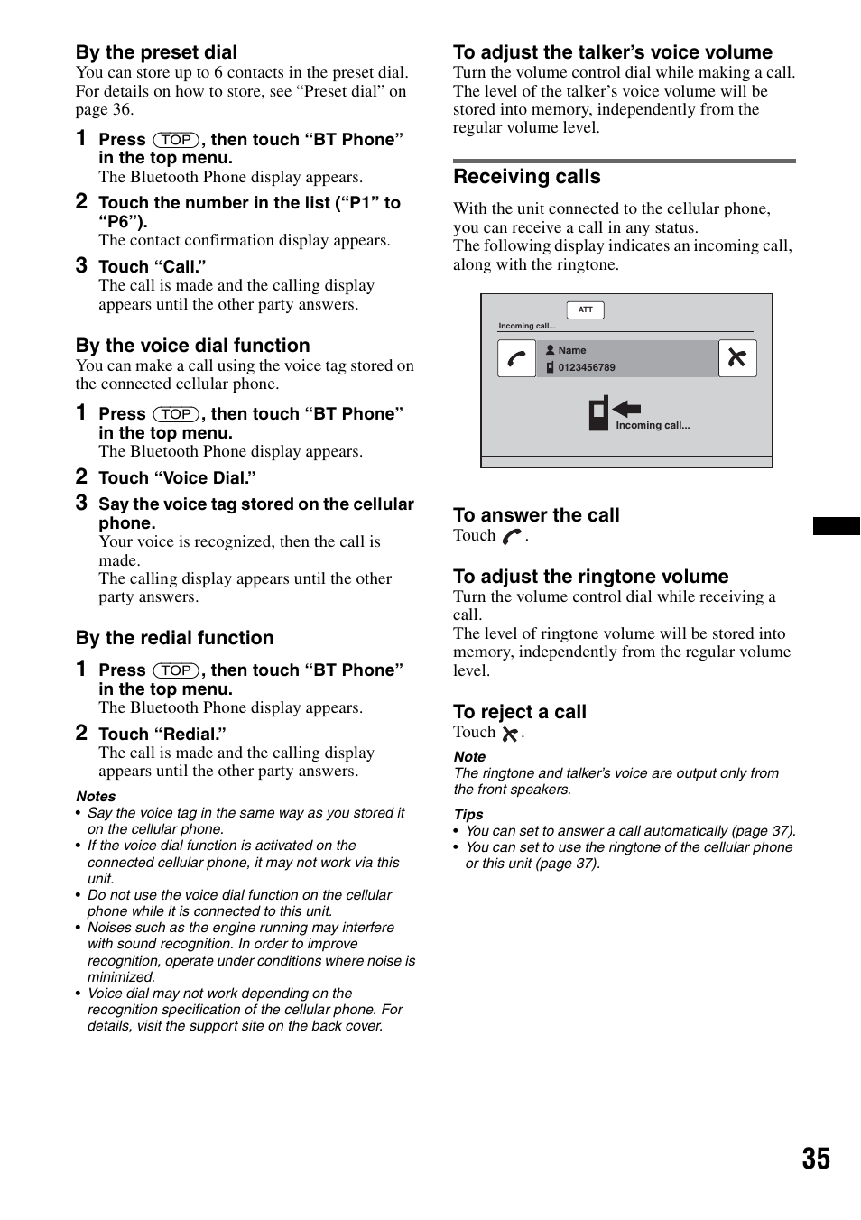 Receiving calls | Sony XAV-63 User Manual | Page 35 / 200