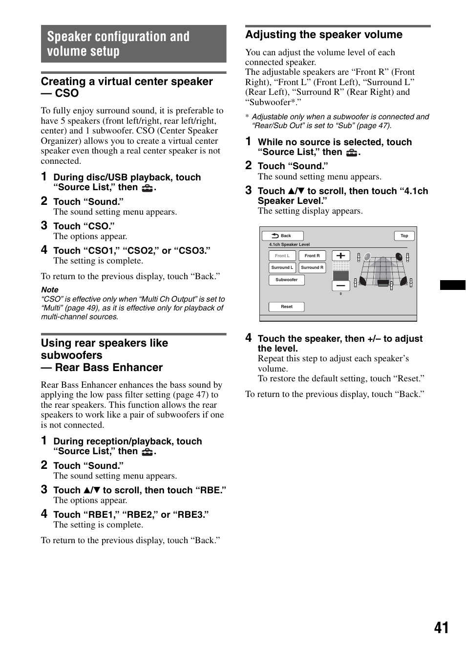 Speaker configuration and volume setup, Creating a virtual center speaker - cso, Adjusting the speaker volume | Creating a virtual center speaker — cso | Sony XAV-63 User Manual | Page 41 / 200