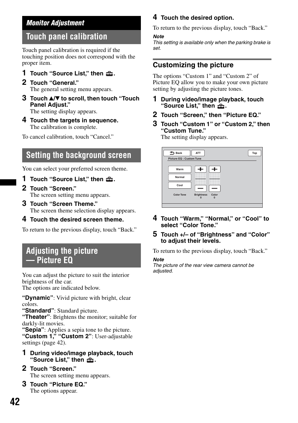 Monitor adjustment, Touch panel calibration, Setting the background screen | Adjusting the picture - picture eq, Customizing the picture, Adjusting the picture — picture eq | Sony XAV-63 User Manual | Page 42 / 200