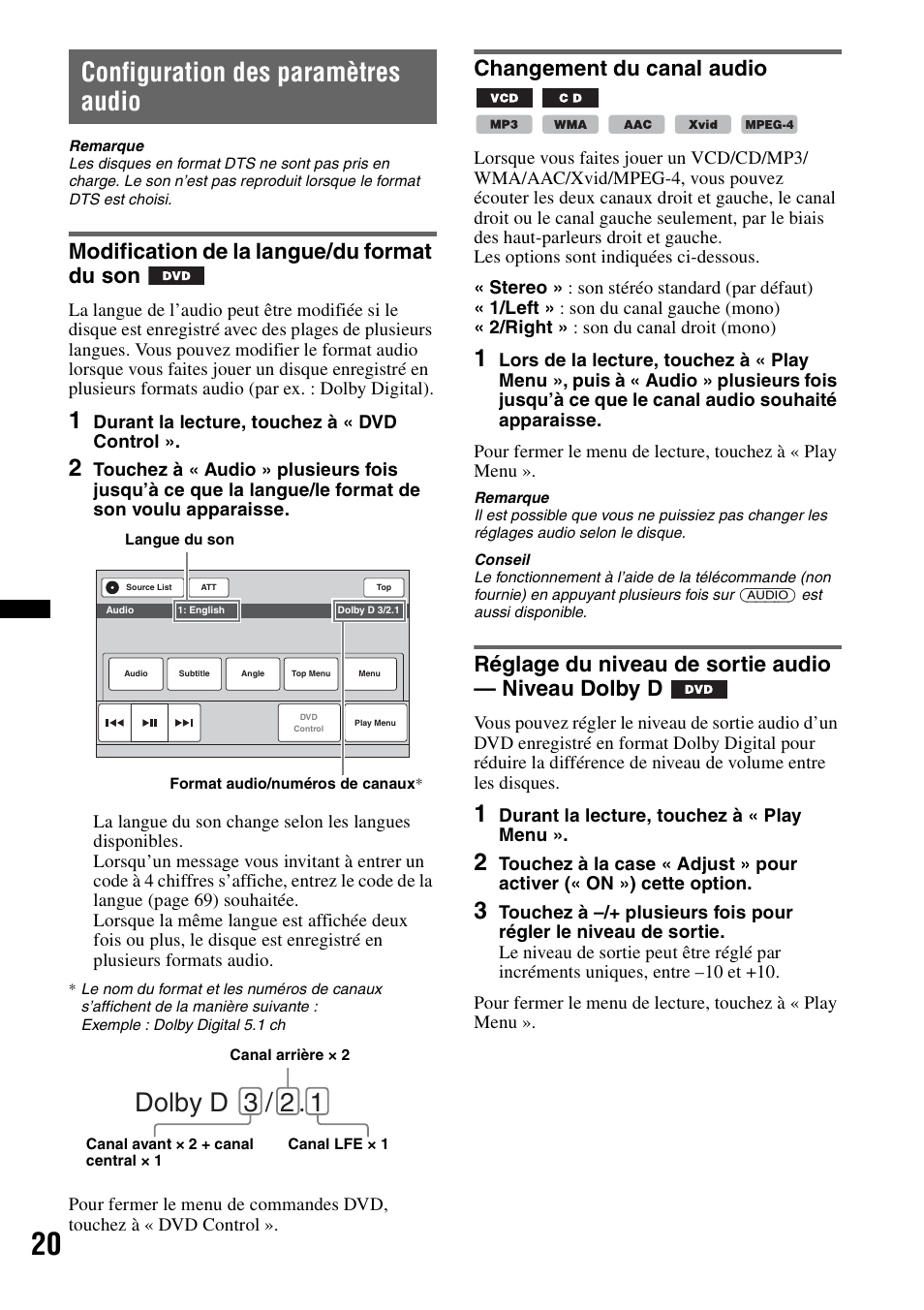 Configuration des paramètres audio, Modification de la langue/du format du son, Changement du canal audio | Réglage du niveau de sortie audio - niveau dolby d, Dolby d 3 / 2, Réglage du niveau de sortie audio — niveau dolby d | Sony XAV-63 User Manual | Page 84 / 200