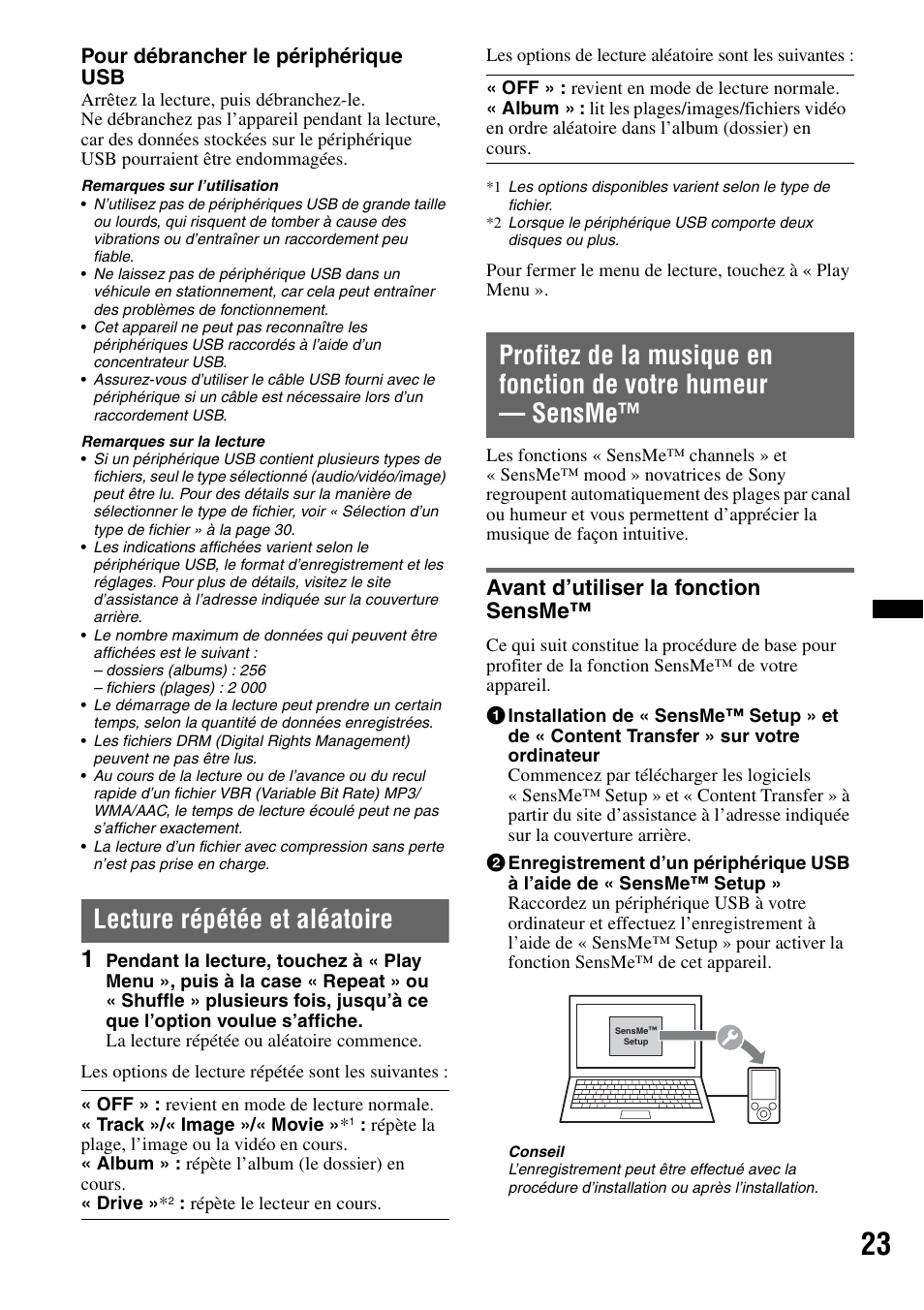 Lecture répétée et aléatoire, Avant d’utiliser la fonction sensme, Pour débrancher le périphérique usb | Sony XAV-63 User Manual | Page 87 / 200