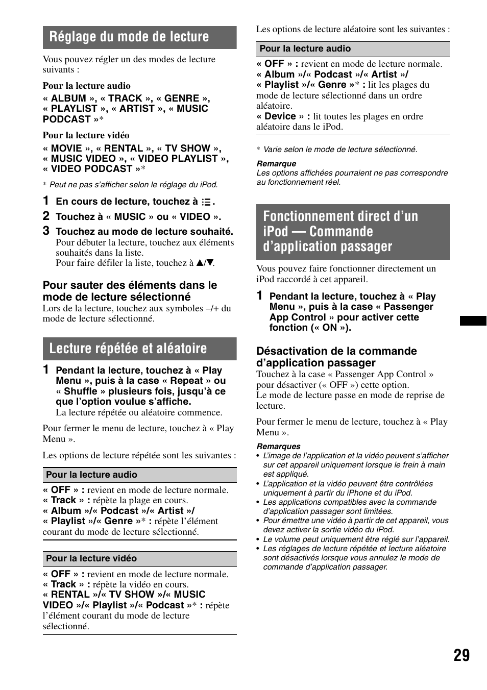 Réglage du mode de lecture, Lecture répétée et aléatoire | Sony XAV-63 User Manual | Page 93 / 200