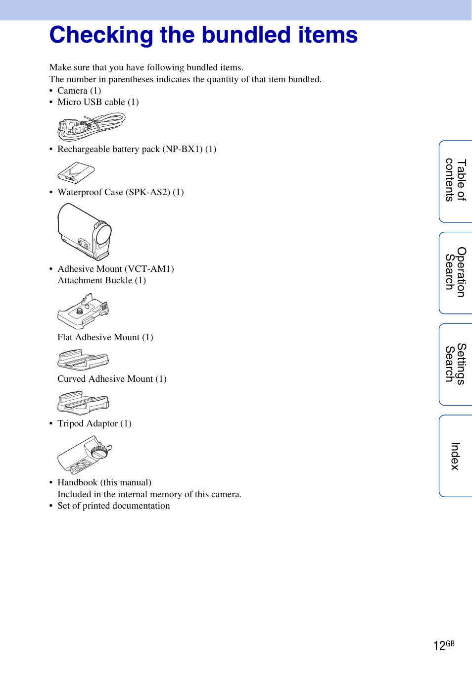 Checking the bundled items | Sony HDR-AS100VR User Manual | Page 12 / 82