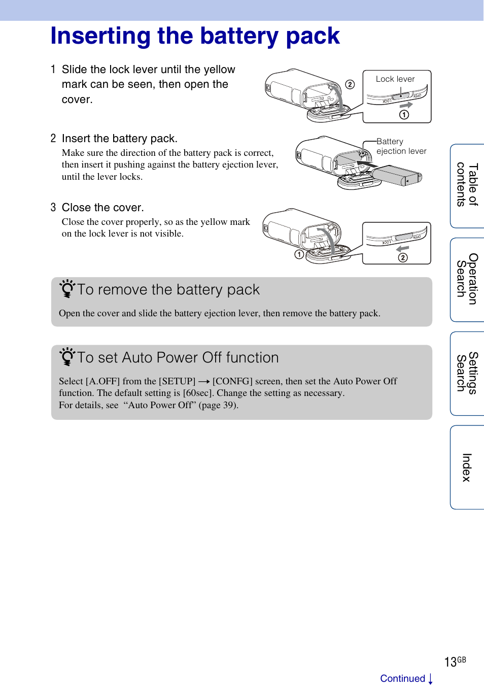 Inserting the battery pack | Sony HDR-AS100VR User Manual | Page 13 / 82