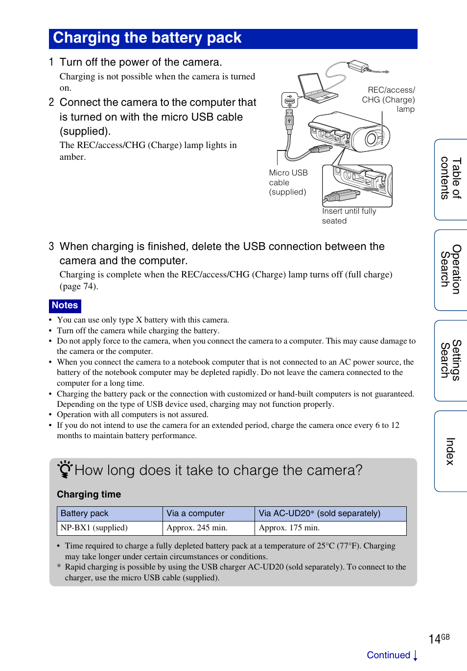 Charging the battery pack, How long does it take to charge the camera | Sony HDR-AS100VR User Manual | Page 14 / 82