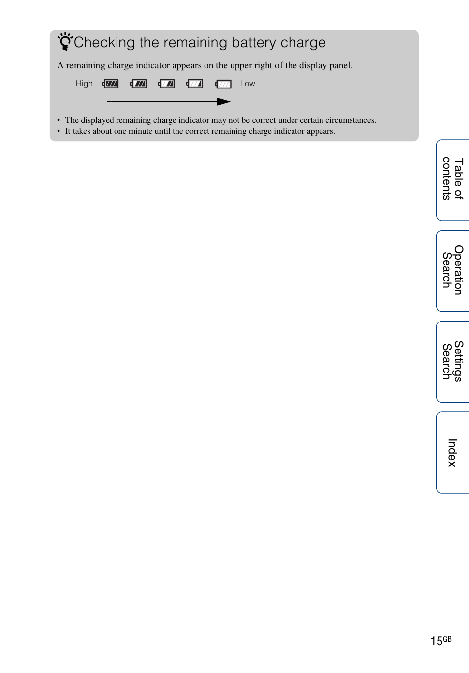 Checking the remaining battery charge | Sony HDR-AS100VR User Manual | Page 15 / 82