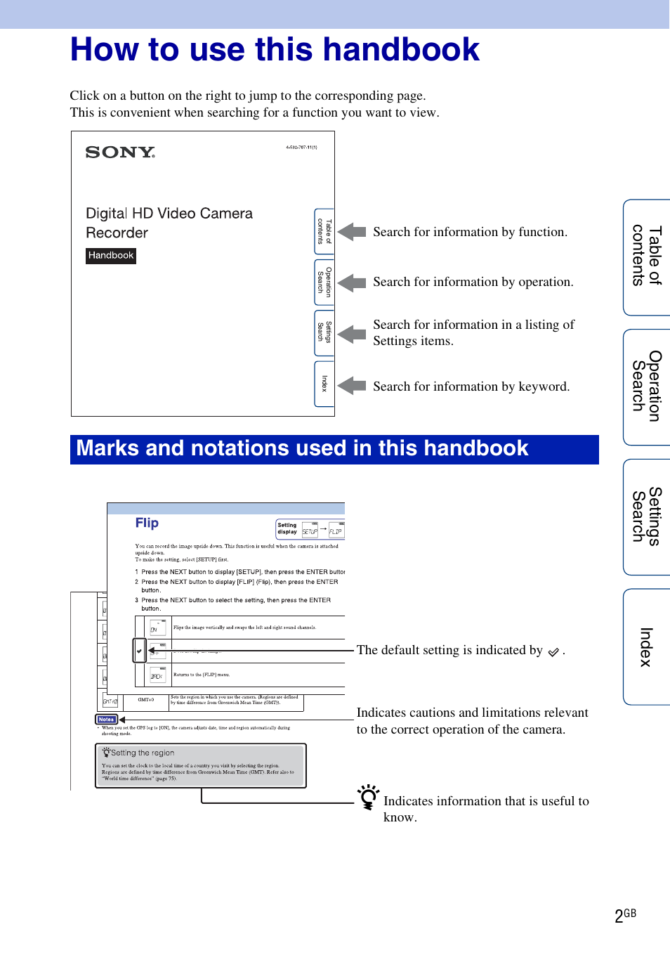 How to use this handbook, Marks and notations used in this handbook | Sony HDR-AS100VR User Manual | Page 2 / 82