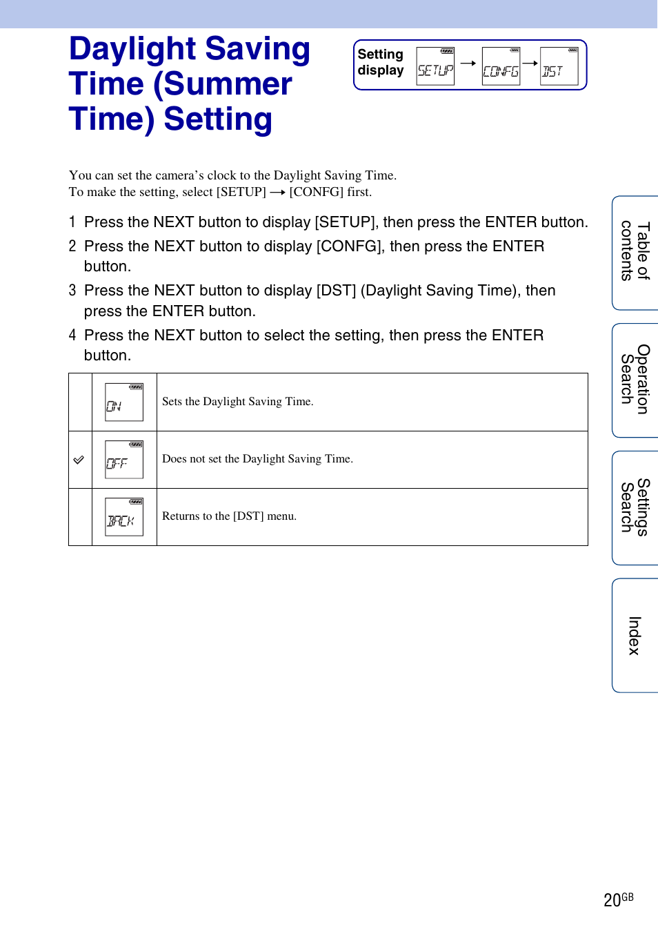 Daylight saving time (summer time) setting, Daylight saving time (summer time) setting ···· 20 | Sony HDR-AS100VR User Manual | Page 20 / 82