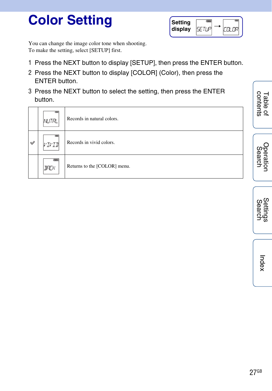 Color setting | Sony HDR-AS100VR User Manual | Page 27 / 82
