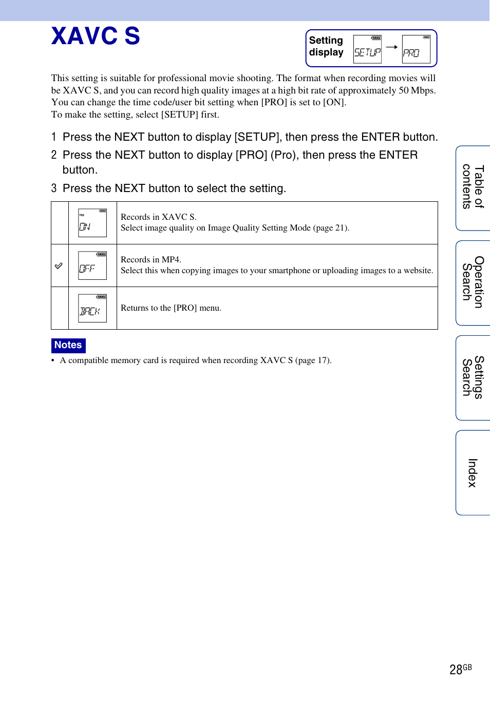 Xavc s | Sony HDR-AS100VR User Manual | Page 28 / 82