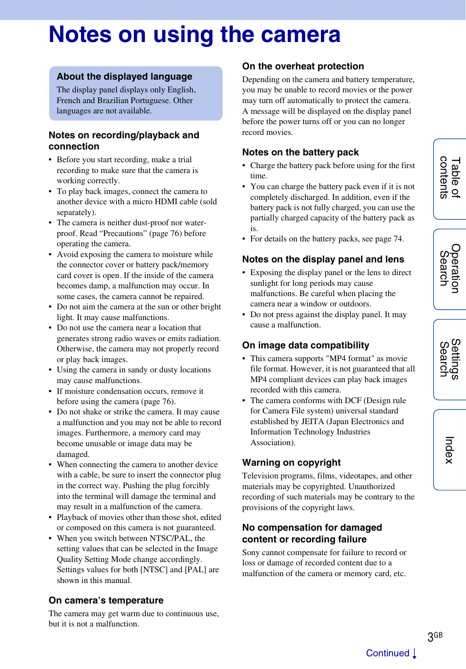 Notes on using the camera | Sony HDR-AS100VR User Manual | Page 3 / 82