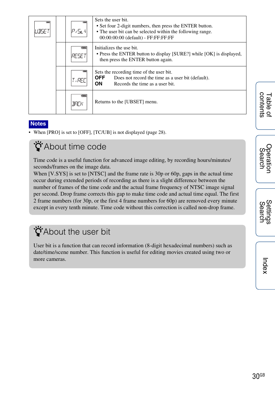 About time code, About the user bit | Sony HDR-AS100VR User Manual | Page 30 / 82