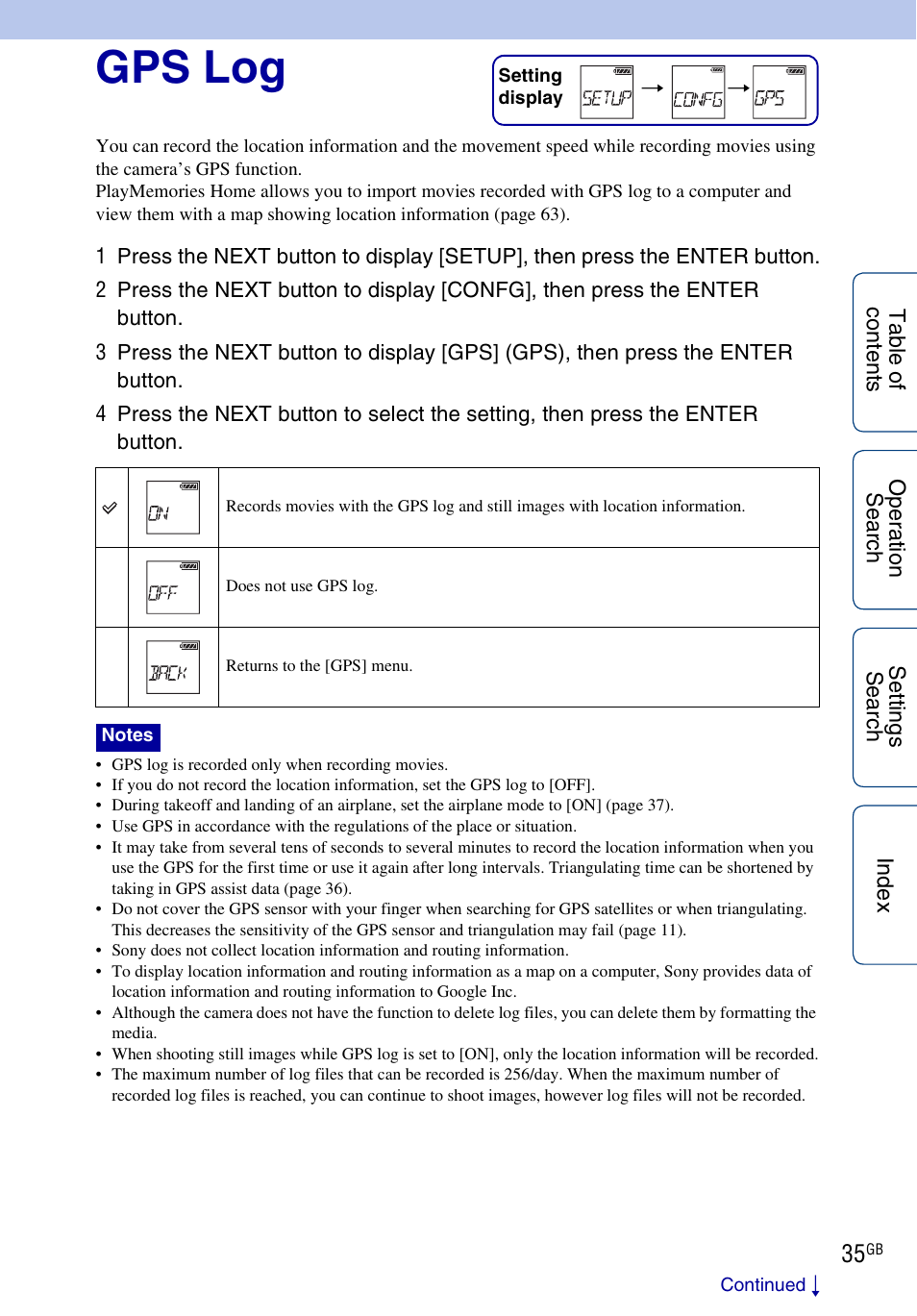 Gps log | Sony HDR-AS100VR User Manual | Page 35 / 82