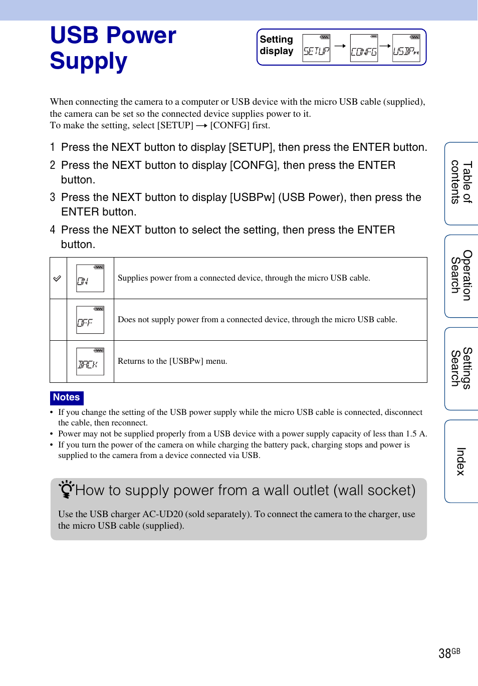 Usb power supply | Sony HDR-AS100VR User Manual | Page 38 / 82
