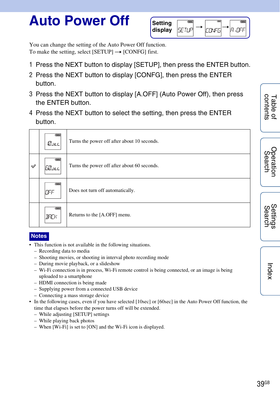 Auto power off | Sony HDR-AS100VR User Manual | Page 39 / 82