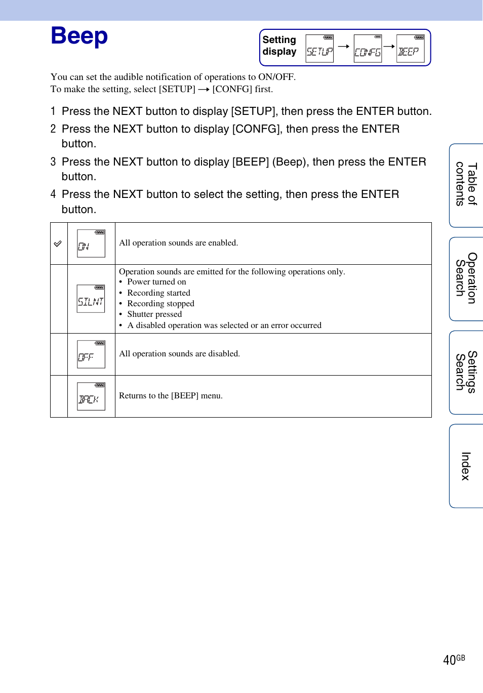 Beep | Sony HDR-AS100VR User Manual | Page 40 / 82