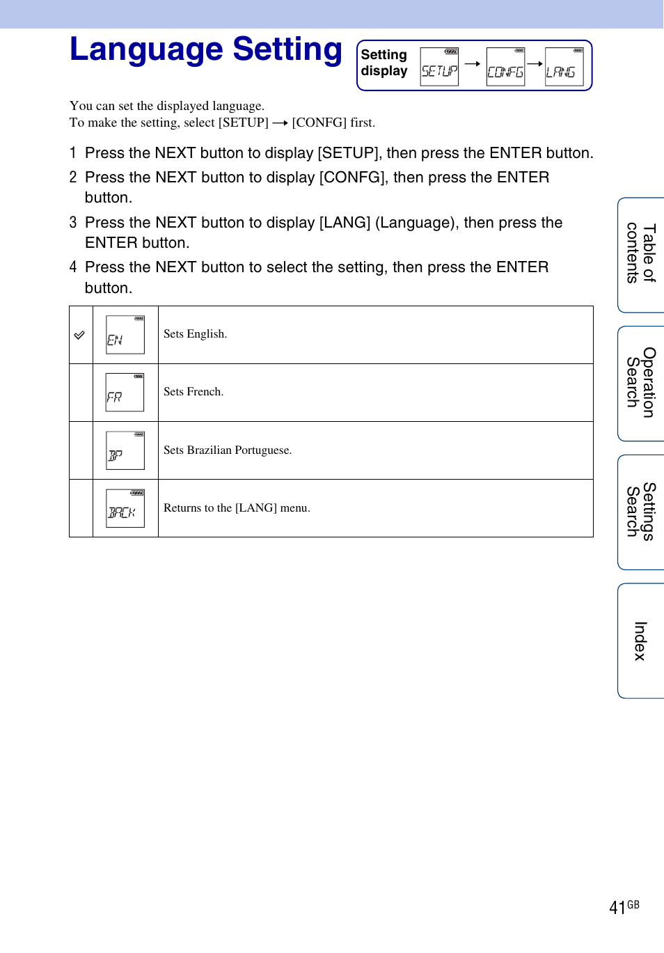 Language setting | Sony HDR-AS100VR User Manual | Page 41 / 82