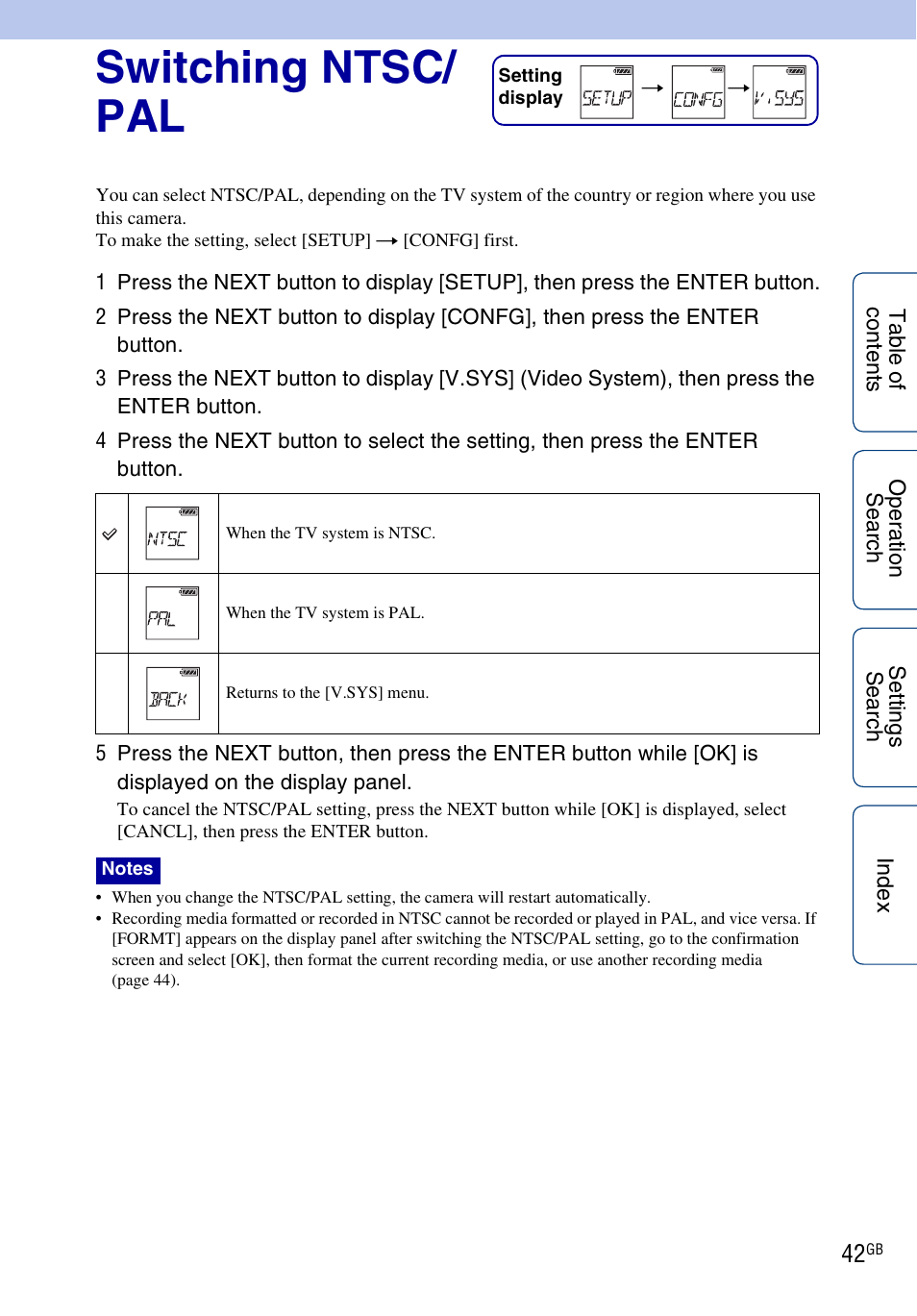 Switching ntsc/pal, Switching ntsc/ pal | Sony HDR-AS100VR User Manual | Page 42 / 82