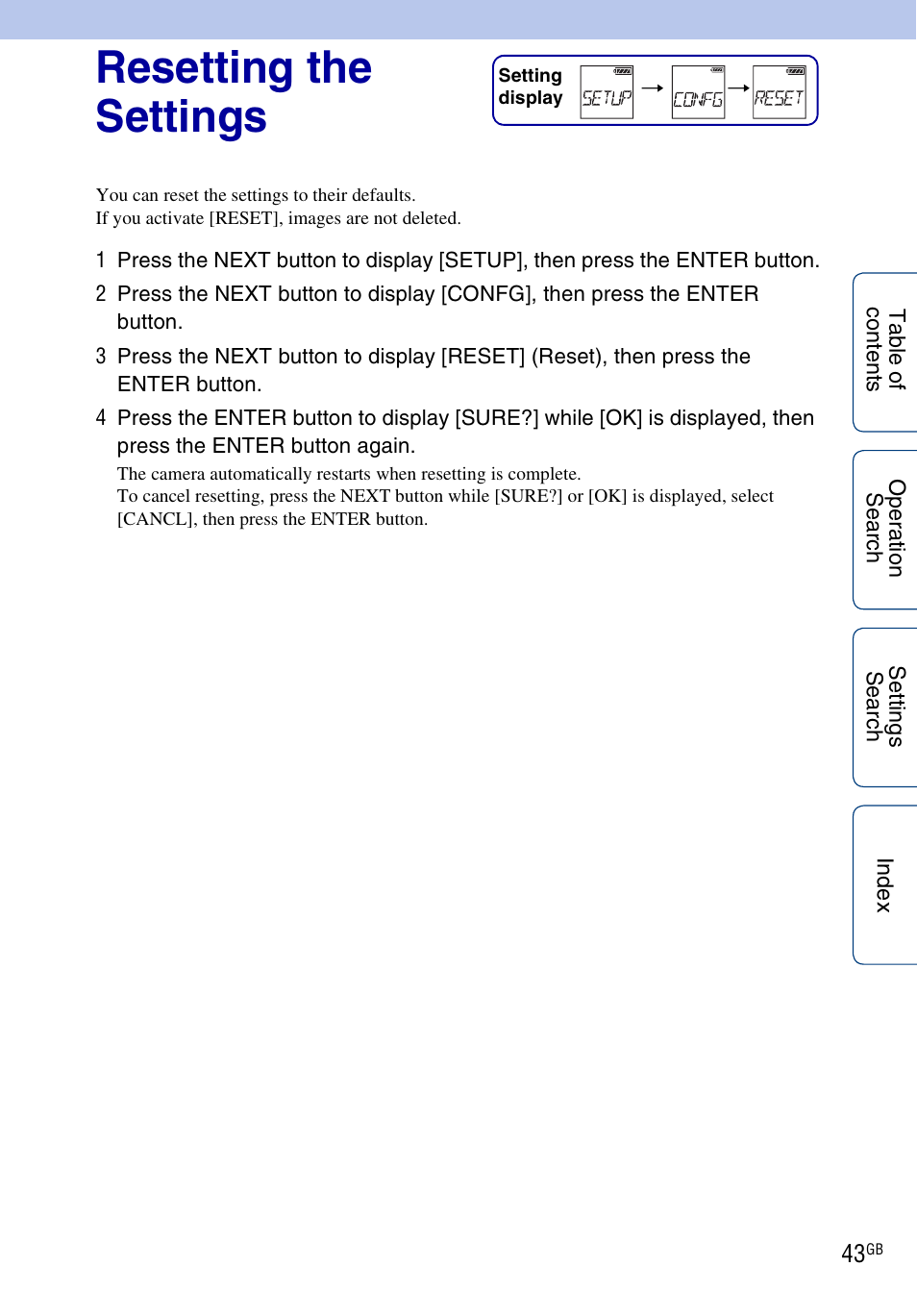 Resetting the settings | Sony HDR-AS100VR User Manual | Page 43 / 82