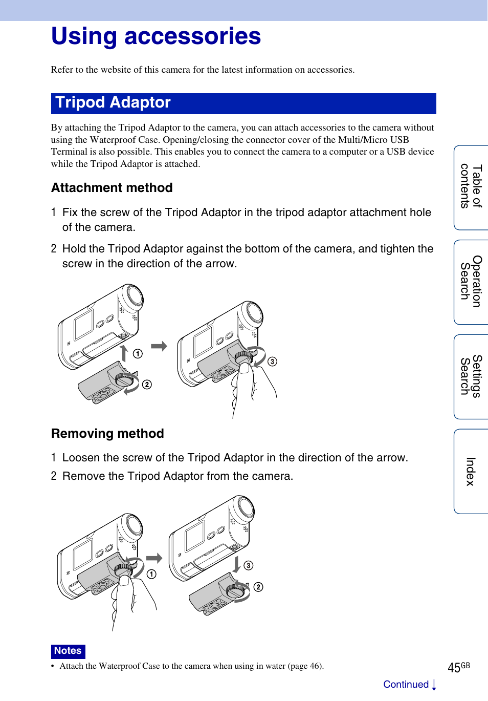 Using accessories, Tripod adaptor | Sony HDR-AS100VR User Manual | Page 45 / 82
