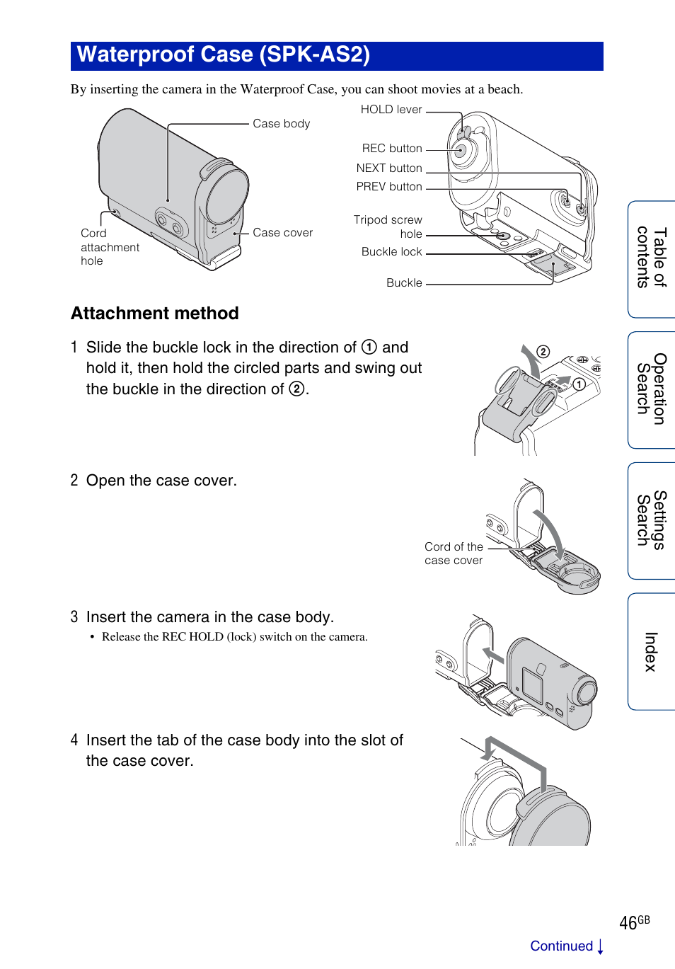Waterproof case (spk-as2), Attachment method | Sony HDR-AS100VR User Manual | Page 46 / 82