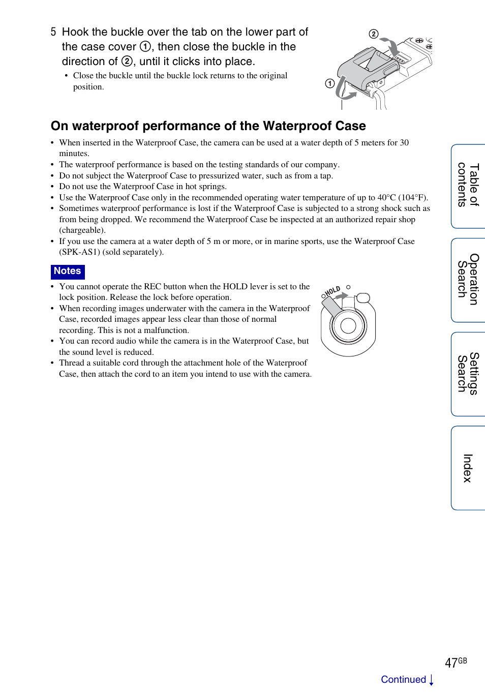 On waterproof performance of the waterproof case | Sony HDR-AS100VR User Manual | Page 47 / 82