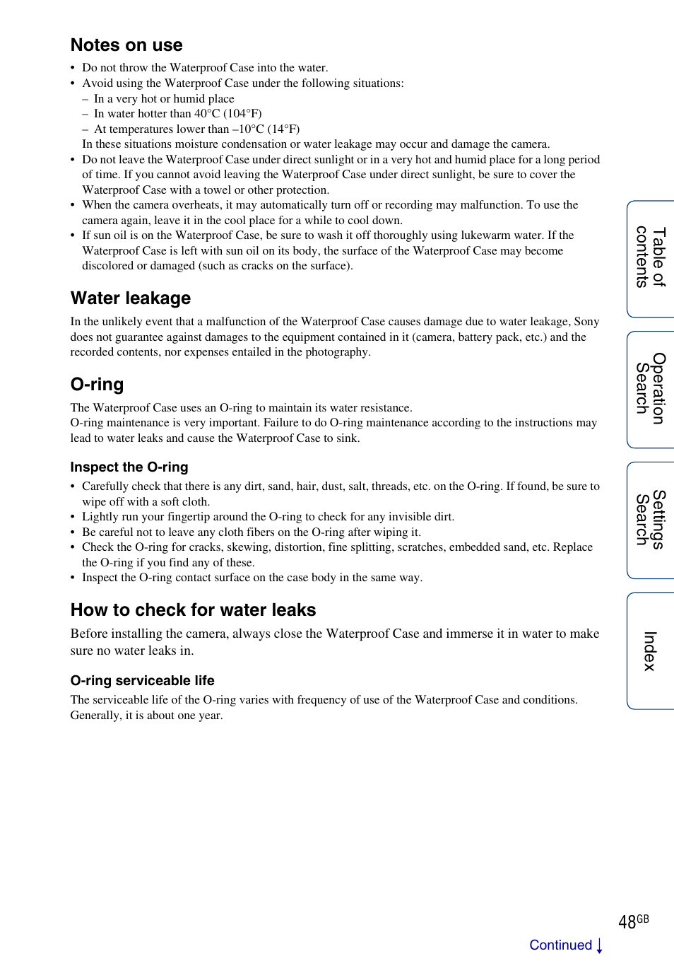 Water leakage, O-ring, How to check for water leaks | Sony HDR-AS100VR User Manual | Page 48 / 82